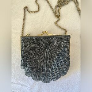 VINTAGE Beaded black mini clutch evening bag gold chain